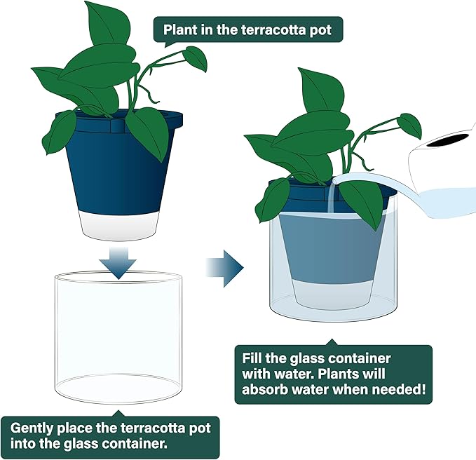 D'vine Dev 8 Inch Design Self Watering Planter for Indoor Plants, Blue Terracotta Pot with Cylinder Glass Cup, 37-X-C-4