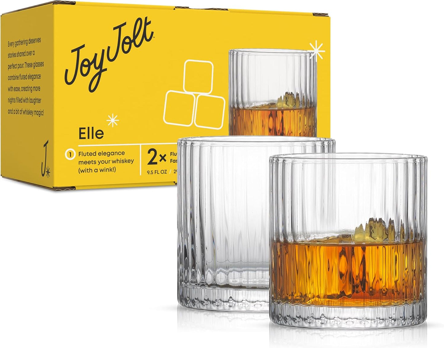 JoyJolt Elle 10oz Double Old Fashioned Whiskey Glasses - Set of 2, Lead-Free Glassware, Dishwasher Safe, Vintage Style Drinking Glasses