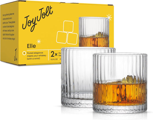 JoyJolt Elle 10oz Double Old Fashioned Whiskey Glasses - Set of 2, Lead-Free Glassware, Dishwasher Safe, Vintage Style Drinking Glasses