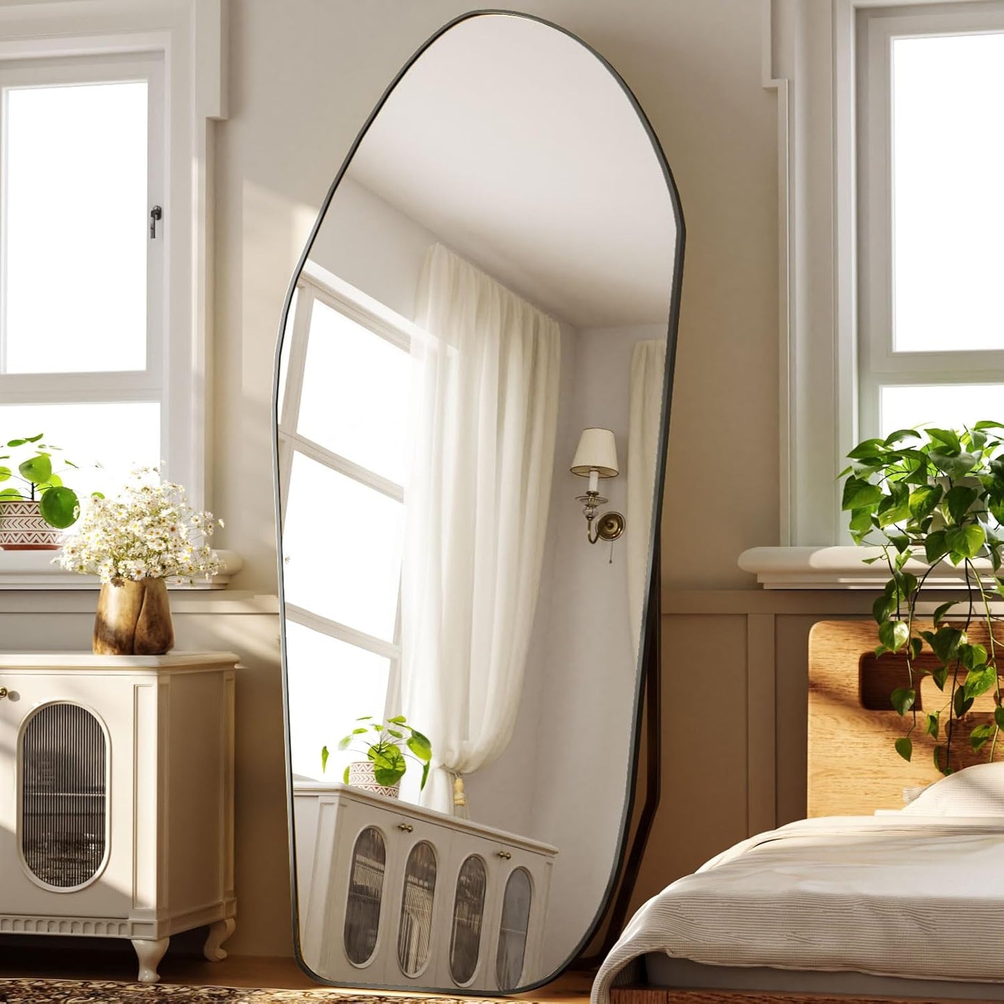 Full Length Floor Mirror - 76"x34" Aluminum Frame Irregular Diamond Shaped Standing Leaning Hanging for Bedroom Living Room Cloakroom Decor Large Mirror Black