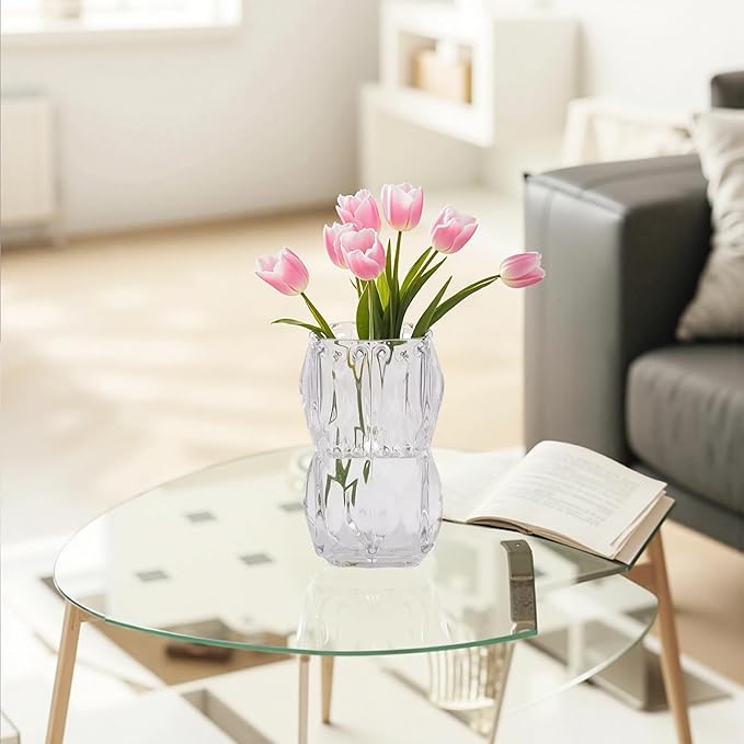 VECELO Crystal Glass Vase - Textured Clear Flower Vase for Fresh Flowers & Hydroponic Plants, Modern Decorative Centerpiece for Dining Table, Coffee Table & Home Décor, 7.28 Inches