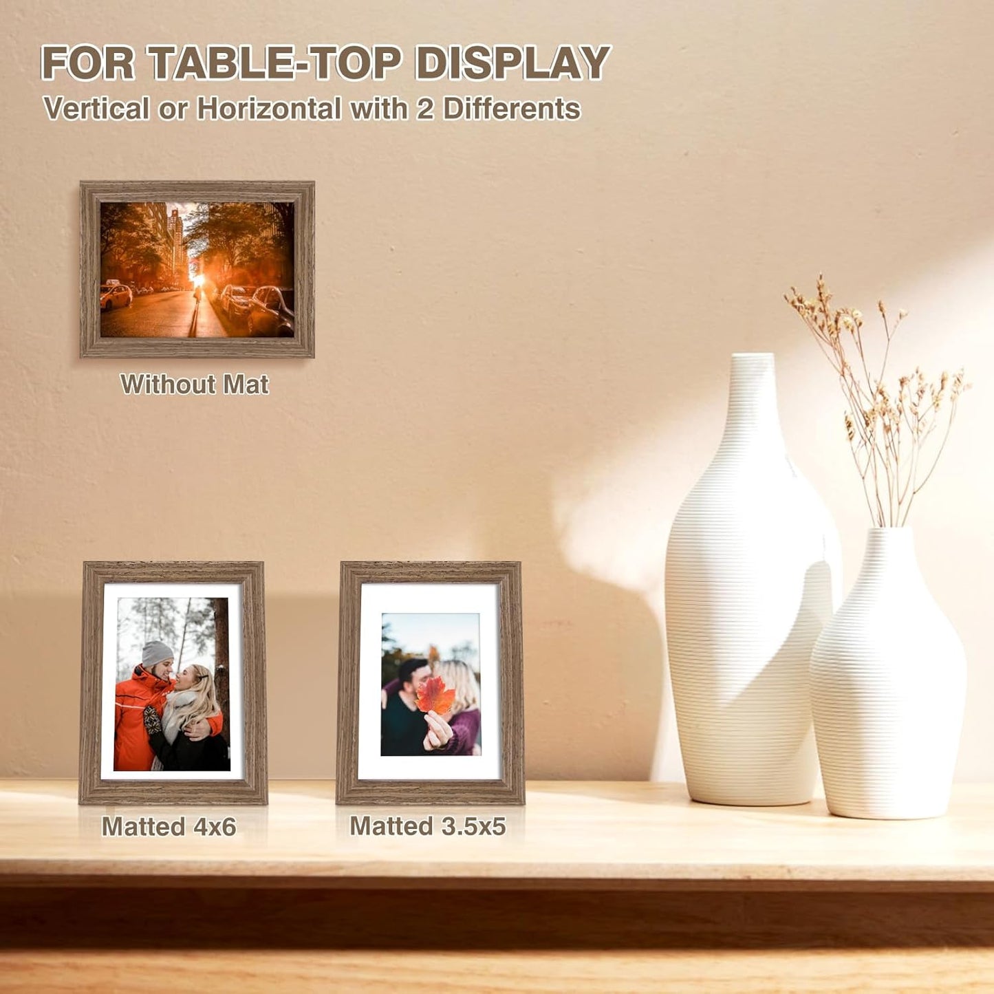 KINLINK 5x7 Picture Frame Rustic Brown, Solid Wood Frames with Acrylic Plexiglass for 3.5x5/4x6 with Mat or 5x7 without Mat, Tabletop and Wall Display Photo Frame, Set of 4