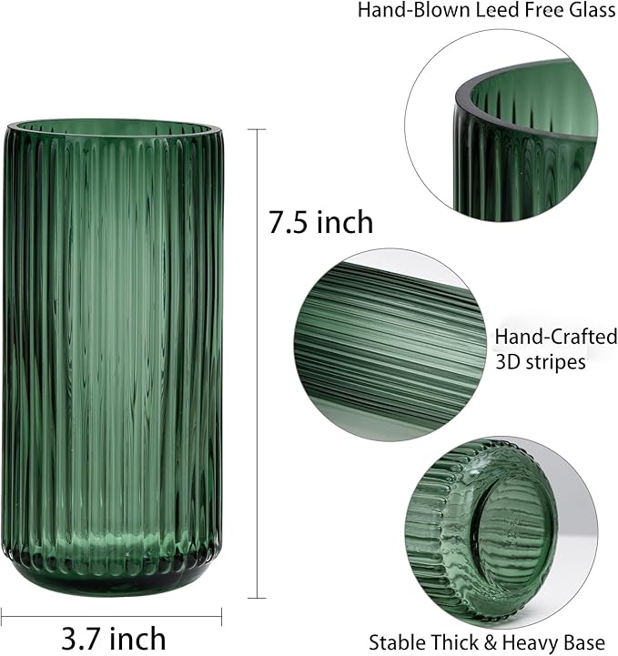 Ekirlin Green 7.5 inch Flower Vase for Home Decor, Thickened Hand Blow Glass Vase Round Vintage Striped Bottles for Bookshelf, Dinner Table, Indoor, Office, Desktop, Meeting Room, Bathroom, Best Gift