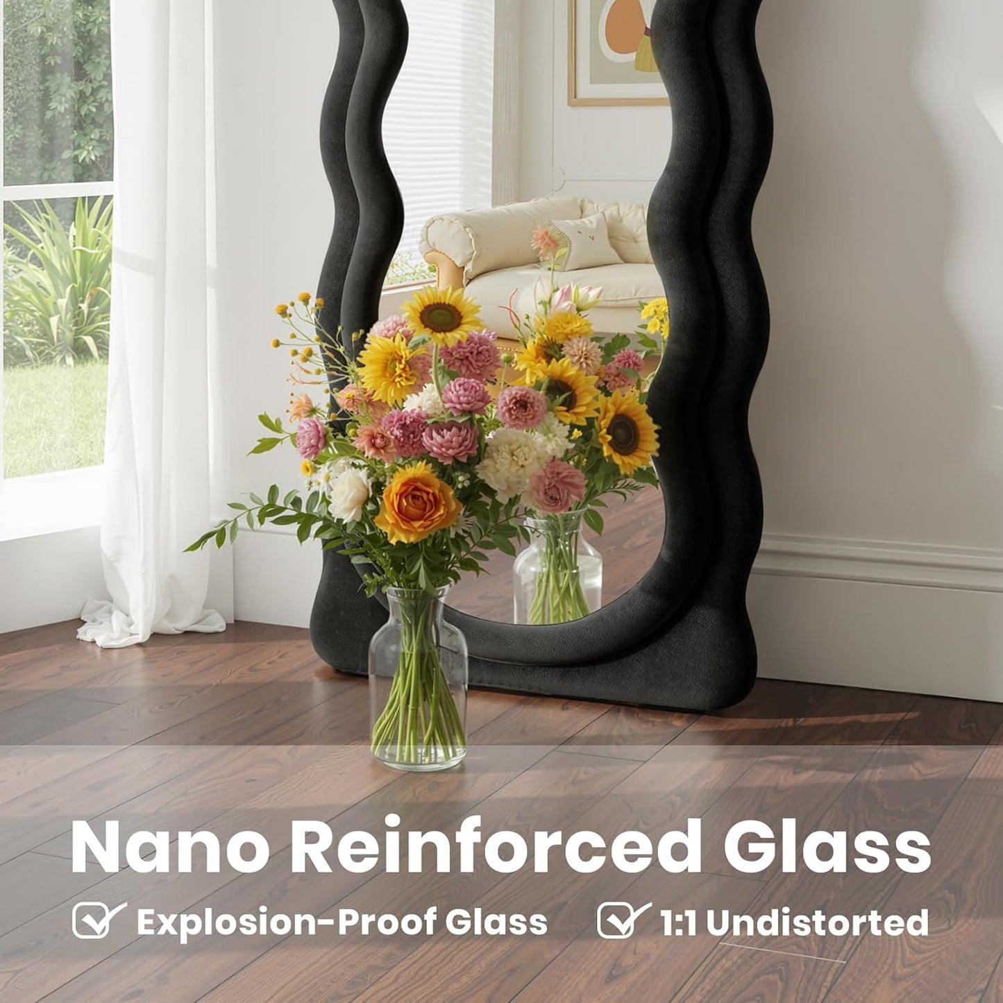 Full Length Mirror 71"x30" Irregular Wavy Full Body Wall Mounted Floor Mirror with Stand Black Flannel Frame Leaning Hanging Wall for Bedroom Entrance Hallway