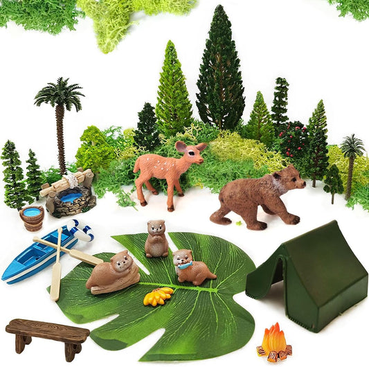 Miniature Garden Accessories, 32 Pcs, Model Scenery Kit, Forest Animal Figures with Model Trees Craft Grass for DIY Crafts, Micro Landscape Decoration