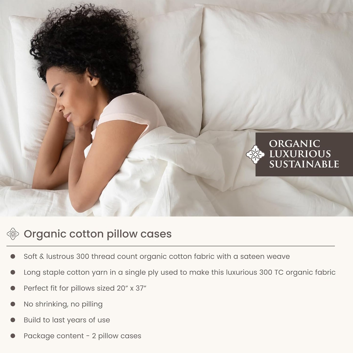 Bioweaves 100% Organic Cotton Envelope Pillow Cases 300 Thread Count Soft Sateen Weave GOTS Certified – 20 X 37, Set of 2, Glacier Grey