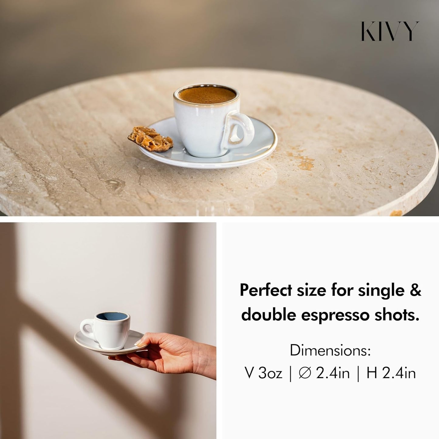 KIVY 3 oz Espresso cups set of 4 - Thick walled stoneware espresso cup set - Italian style espresso cups and saucers - Expresso shots cup - Small coffee mugs and saucers - Blue