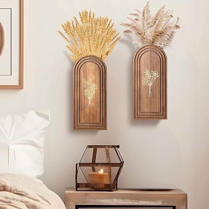 2 Pack Wooden Wall Vase Set, Farmhouse Modern Boho Pocket Vases Planter Wall Decor for Living Room, Bedroom, Entryway, Hallway, Dining Room, Narrow Spaces