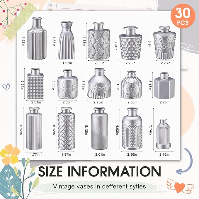 Yaomiao 30 Pcs Vases Bulk Colored Flower Glass Vases Bud Vintage Colored Glass Bottles Colorful Rustic Embossed for Home Wedding Table Decorations Gifts(Silver Series)