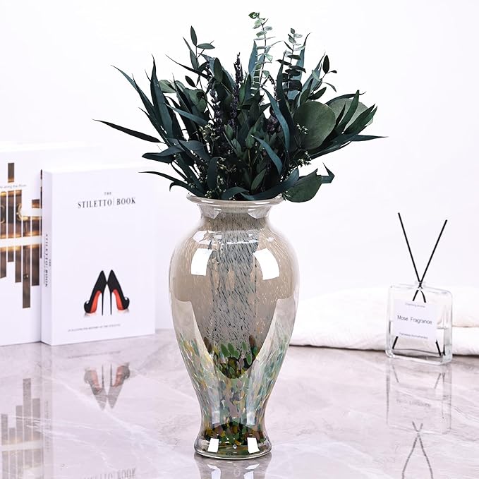 11.8" Tall Blown Green Glass Vase, Colorful Opaque Glass Vase, Unique Design Wide Mouth Art Decoration for Home, Living Room, Dining Table, Pampas Grass Decor (Green)