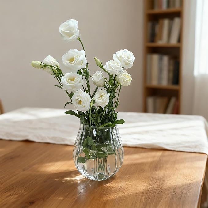 Flower-Shaped Wide Mouth Glass Vase - 6.7" Tall Transparent Vase, Ideal for Fresh Flowers/Floating Tealights, Home Display (Living Room/Bedroom), Wedding Centerpieces & Holiday Decor