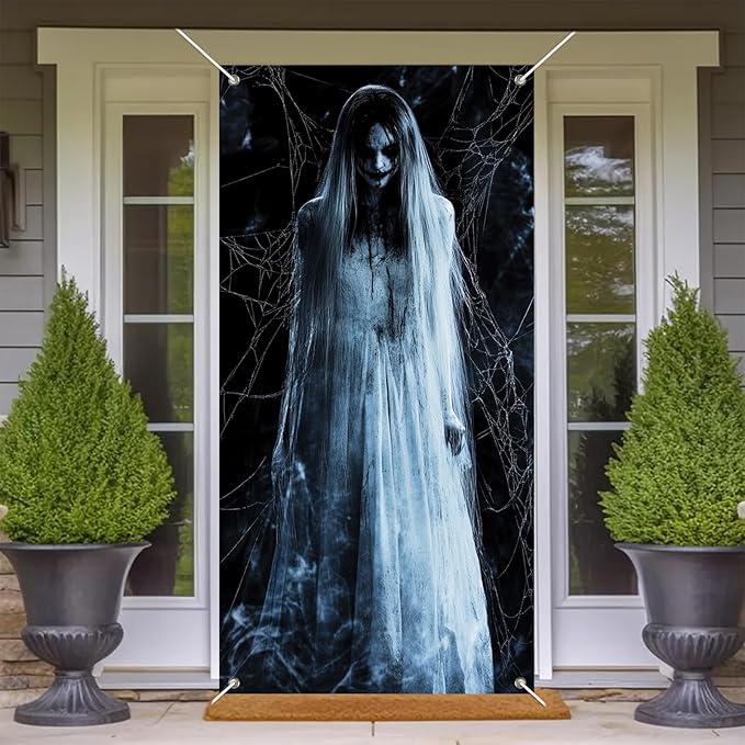 Halloween Door Cover 71x35 Inch Front Porch Door Banners Decoration Spooky Ghost Spider Web Fall