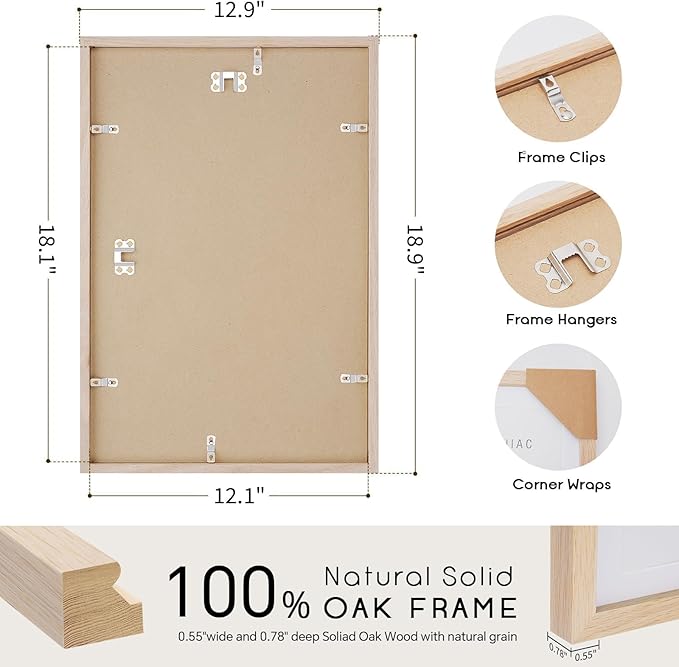 12x18 Oak Wood Picture Frame - Minimalist 12x18 Poster Frame, 12"x18" Picture Frame Wood, Natural Solid Wooden Picture Frames for Wall Art Photo and Prints(1 Pack, Beige)