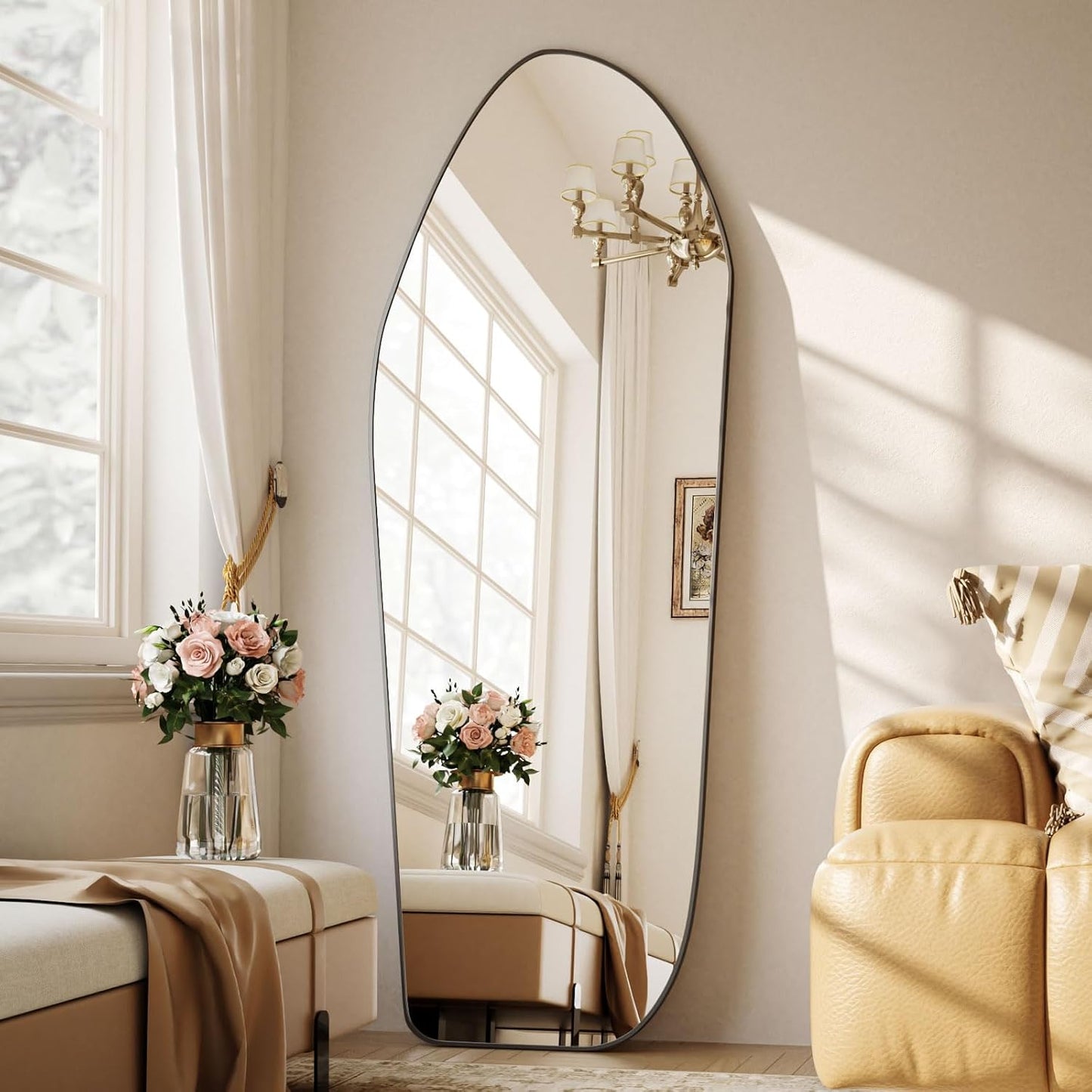 Full Length Floor Mirror - 67"x24" Aluminum Frame Irregular Mirror Diamond Shaped Standing Leaning Hanging for Bedroom Living Room Cloakroom Decor Large Mirror Black