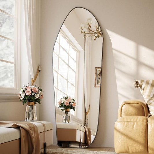 Full Length Floor Mirror - 67"x24" Aluminum Frame Irregular Mirror Diamond Shaped Standing Leaning Hanging for Bedroom Living Room Cloakroom Decor Large Mirror Black