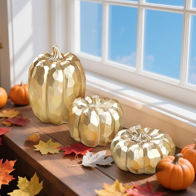 winemana 3 Pack Fall Decor for Home-Gold Pumpkins Thanksgiving Decorations, Table, Fireplace Mantel, Office, Elegant Decorative Pumpkin Autumn Indoor Decor