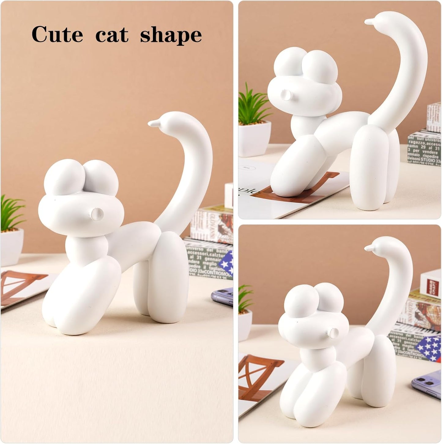 Cute Balloon Cat Statue Decor - 7.8 Inch Modern Cat Statue Ornament, Home Crafts Living Room Desktop Bedroom Sculpture Decoration (White)