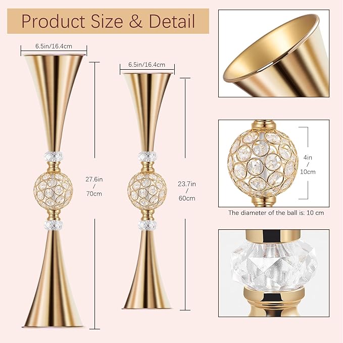 VIJIV Gold Crystal Flower Vases for Centerpieces Tables - Tall Trumpet Vase for Bouquet Decorative, Dining Table Décor Flower Stand with Ribbed Texture for Events, Bridal Showers & Boho Weddings