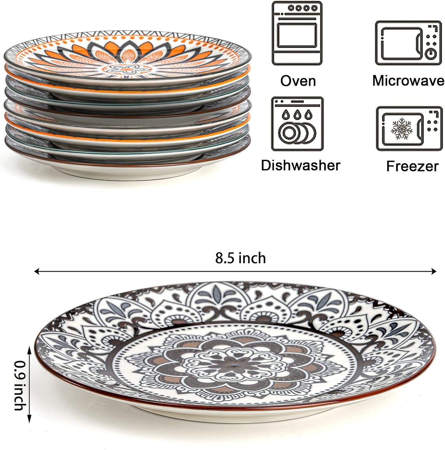 Foraineam 8 Pieces Salad Plates, 8.5 Inch Porcelain Floral Dessert Plates, Colorful Round Lunch Plate Sets for Appetizer Salad Fruit Snack, Dishwasher and Microwave Safe