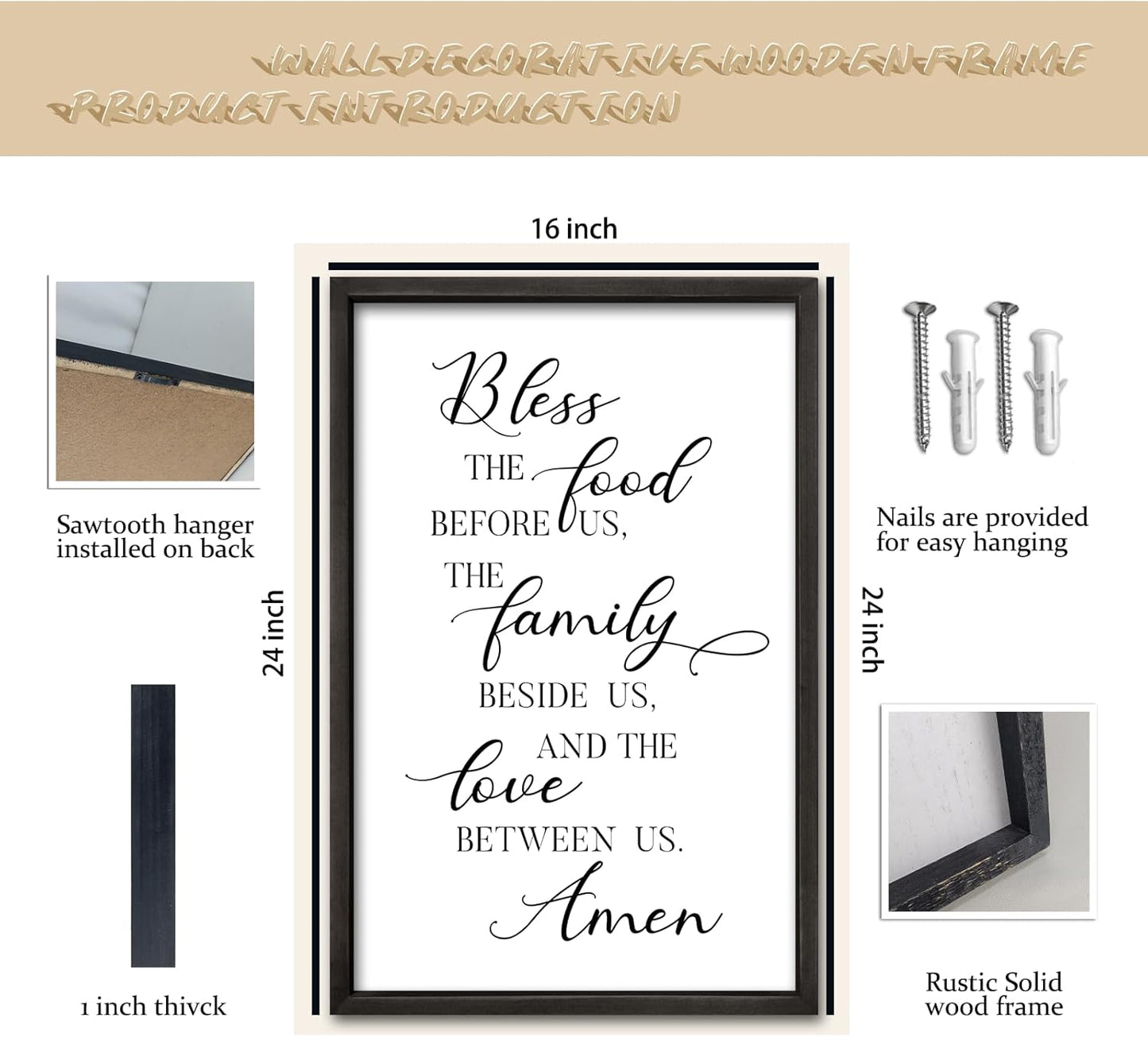 comurdyo Bless the Food Before Us Sign Wall Decor 16"×24" for Dining Room Kitchen Wall Art Framed Wood Hanging (Black)