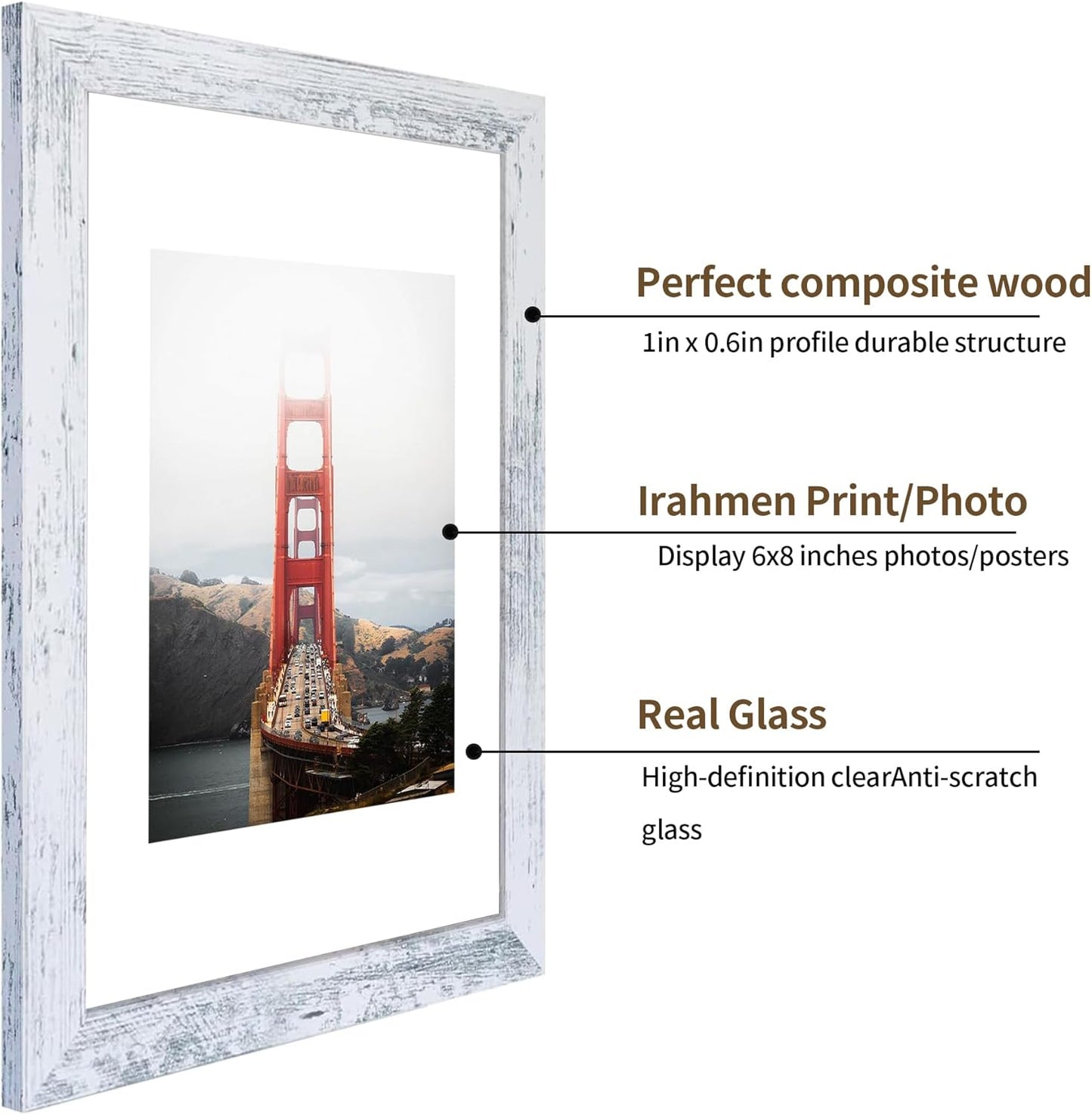 iRahmen 8x12 Picture Frame Set of 2, Distressed White Wood Photo Frame with HD Glass - Display Pictures 6x8 with Mat or 8 x 12 without Mat for Horizontal or Vertical Tabletop and Wall Mounting