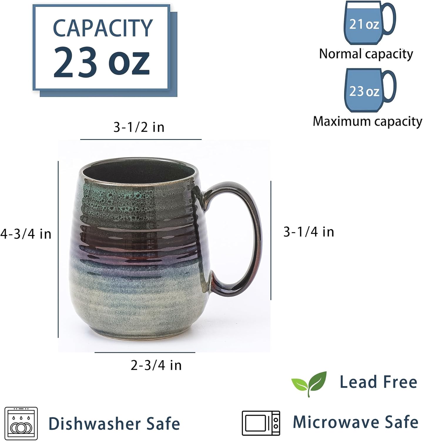 Large Coffee Mugs, Extra Large Ceramic Coffee Mug, 23 oz Handmade Pottery Mug, Big Tea Cups with Handle for Office and Home, Dishwasher and Microwave Safe (Ink Green)