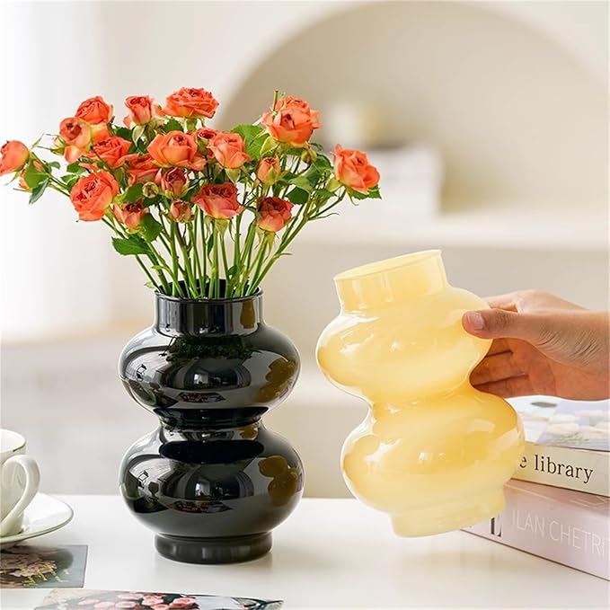 JSPYFITS Glass Hydroponic Flower Vase, Double Balls Colored Glass Bubble Vase for Flower, 7 Inches Glassvase Funky Vase for Home/Office/Weddings/Party Table Flower Décor (Milky Yellow)