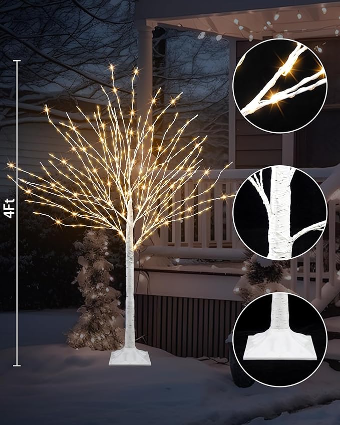4 FT Lighted Birch Tree Artificial White Tree with 432 LED Timer Outdoor Artificial Trees for Christmas Festival Patio Home Indoor Decor