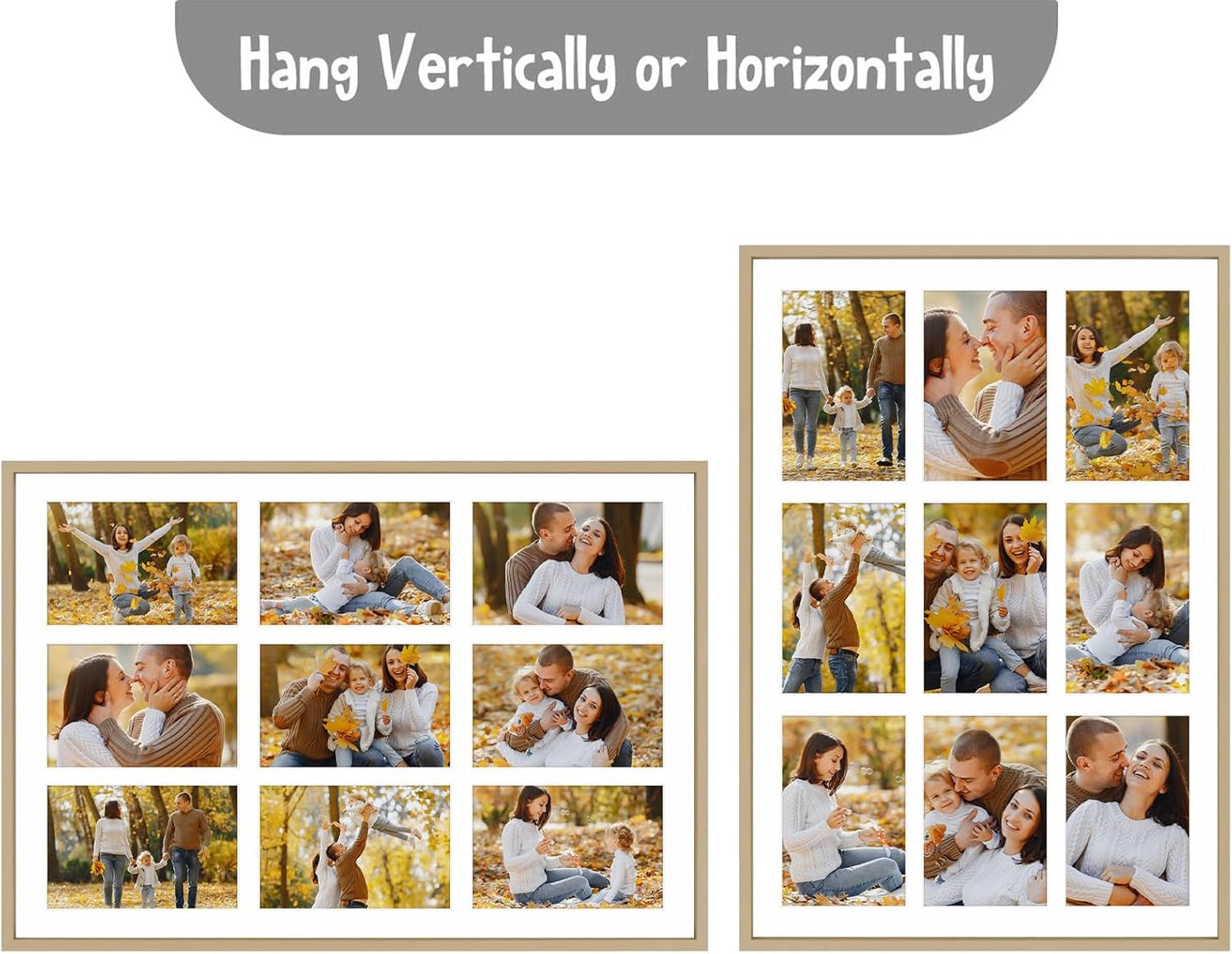 Frametory - 13.6x19.7 Aluminum Collage Picture Frame - Display 4x6 Pictures with 9 Openings Mat - Real Glass Front - Horizontal/Vertical Wall Mount - Gold 1 Pack