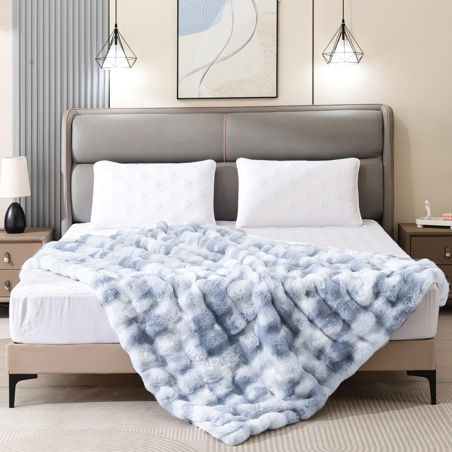 Latepis Faux Fur Fluffy Blanket for Couch, Super Soft Luxury Faux Fur Bubble Plush Thick Warm Cozy Fuzzy Twin Blanket for All Seasons, 60” x 80”, Tie-dye Blue, 860GSM