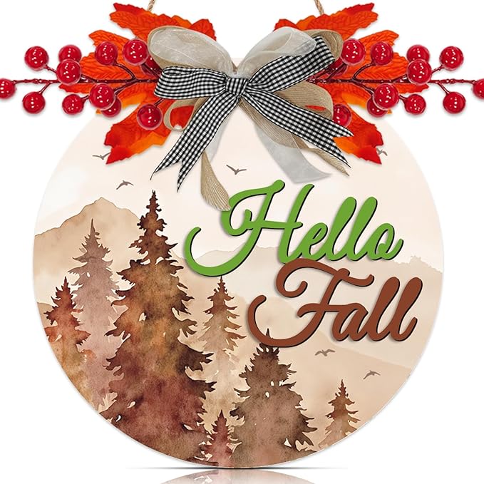 3D Hello Fall Door Sign,Fall Wreath for Front Door,Welcome Autumn Porch Sign,Thanksgiving Day Harvest Wall Decoration,Autumn Forest Maple Leaves Wood Decor for Home Farmhouse Yard Outdoor