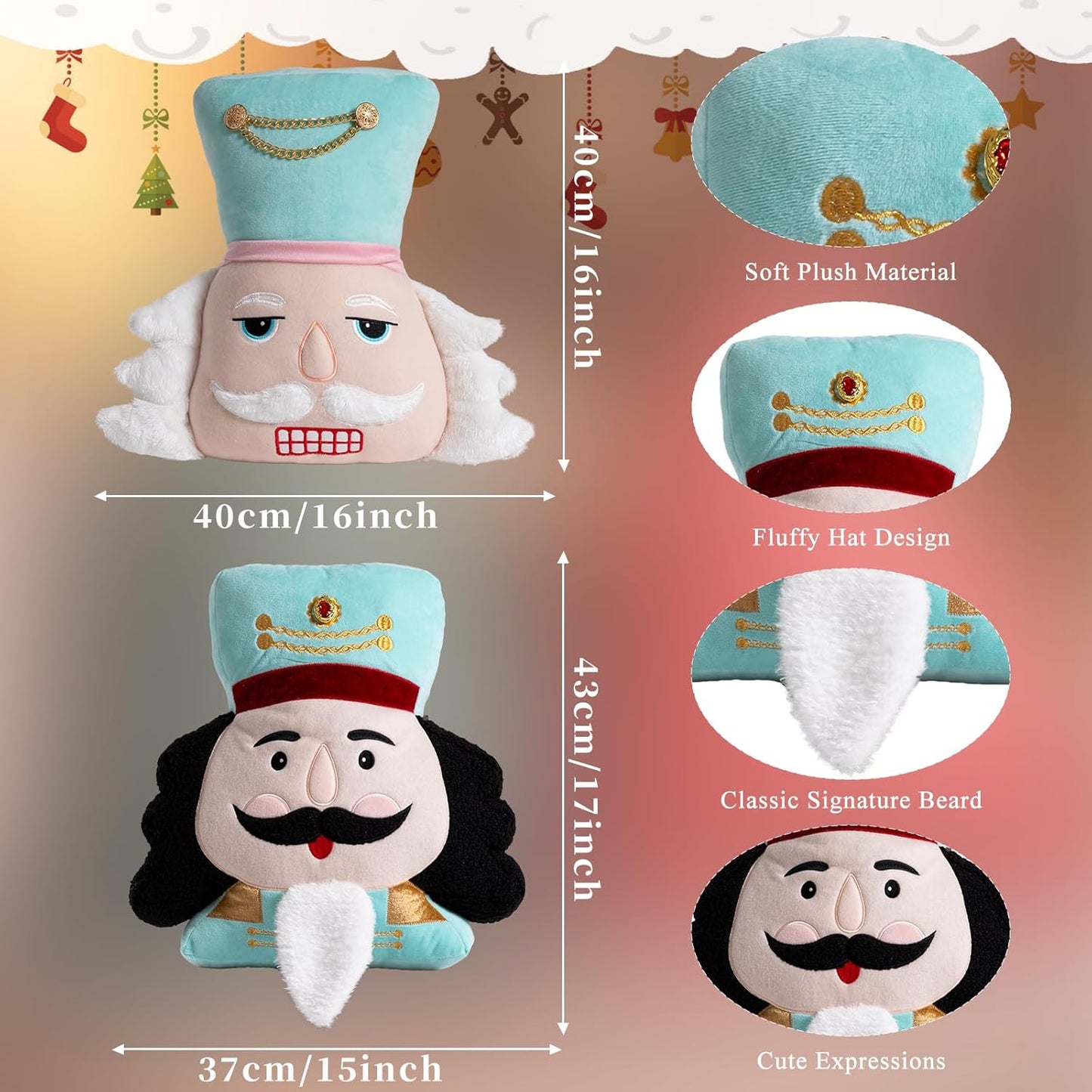 Lanpn Christmas Nutcracker Pillow Set of 2, Christmas Decoration Winter Throw Pillows Soft Cute 3D Shaped Nutcracker Throw Cushion for Sofa Living Room Bedroom Xmas Decor (Blue)