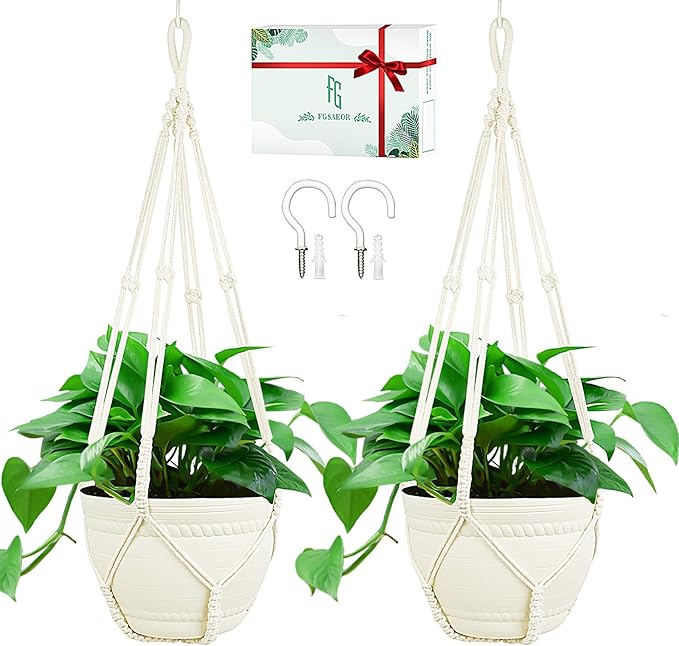 FGSAEOR Macrame Plant Basket Indoor Outdoor, Hanging 3-15 inch Pot, Bearing 20lb Planters, DIY Handmade Hanging Planter Holder, 35-Inch Extra Long Strong Boho Home Décor (2-Pack) (Ivory)