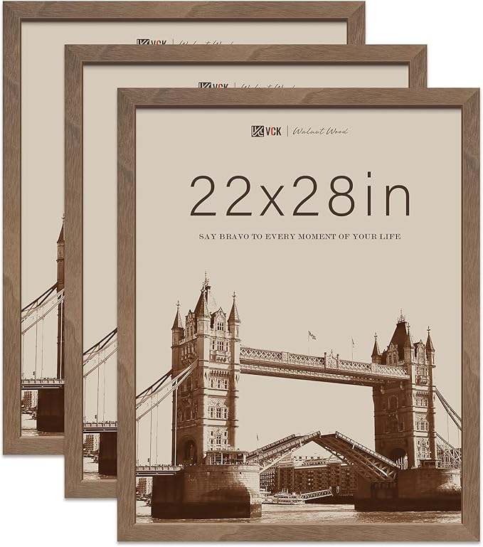 VCK 22x28 Poster Frame 3 Pack - Brown Walnut, Exclusive Natural Wood Grain Solid Wood Picture Frame, Wall Hanging