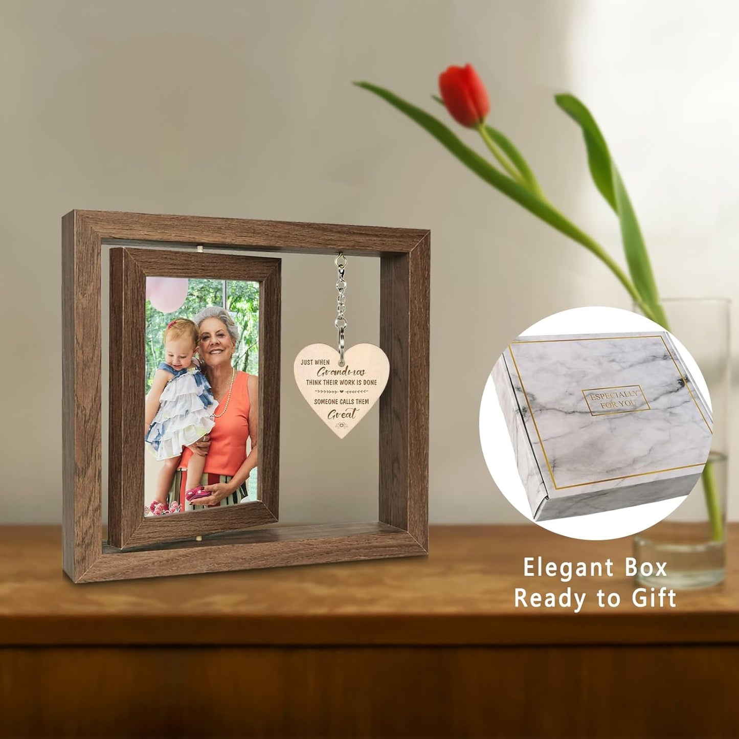 Great Grandma Gifts - Rotating Wooden Great Grandma Picture Frame for Two 4x6 Photos - Glass Cover, Gift Box Included - Just When Grandmas Think Their Work Is Done, Someone Calls Them Great