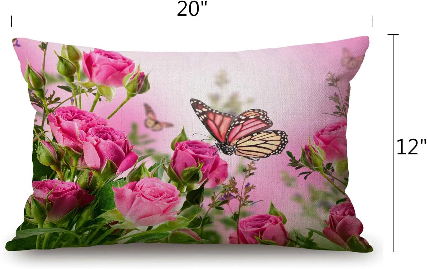 Flower Decor Butterfly Fliying on The Pink Rose Pillow Covers 12" x 20" Lumbar Pillow Covers Home Decorative Cotton Linen Cushion Case for Sofa Couch Housewarming Family Room Décor