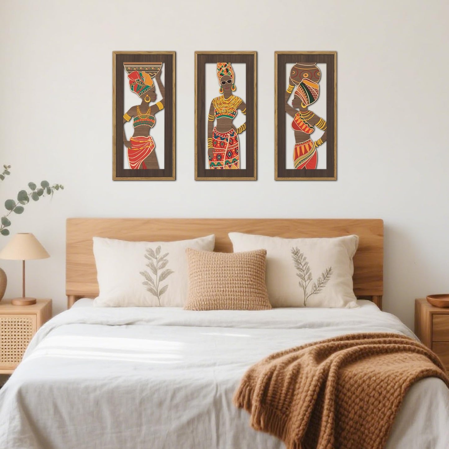 KAIRNE Abstract African American Wall Art,Black People Wooden Wall Art,Set of 3(8”X16”),Black Women Wood Hanging Decor,Traditional African Tribe Artwork for Living Room Kitchen Bedroom Decor,Framed