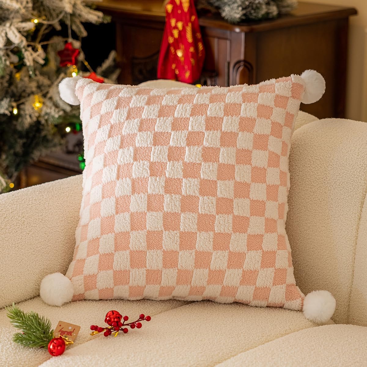Faux Fur Plush Decorative Throw Pillow Covers with Pom Poms 18x18 Square Soft Christmas Checkered Pillow Covers for Couch Set of 2 Blush x2
