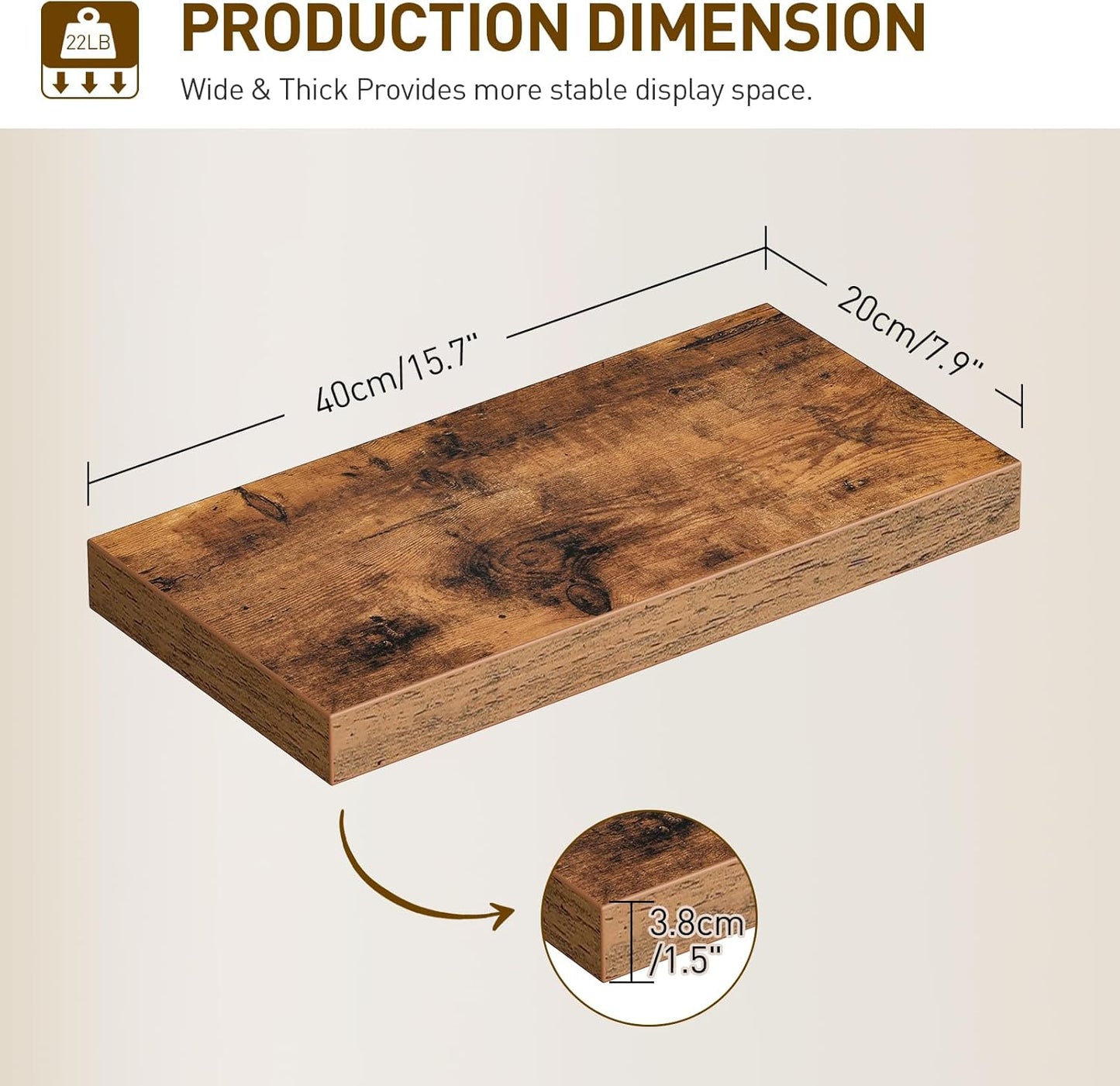 Floating Shelves for Wall, 1.5" Thick Wall Shelf Set of 3 with Invisible Brackets, 15.7L x 7.9W Hanging Shelves Farmhouse Home Decor for Bathroom, Living Room, Bedroom, Rustic Brown 4301BJP3BF