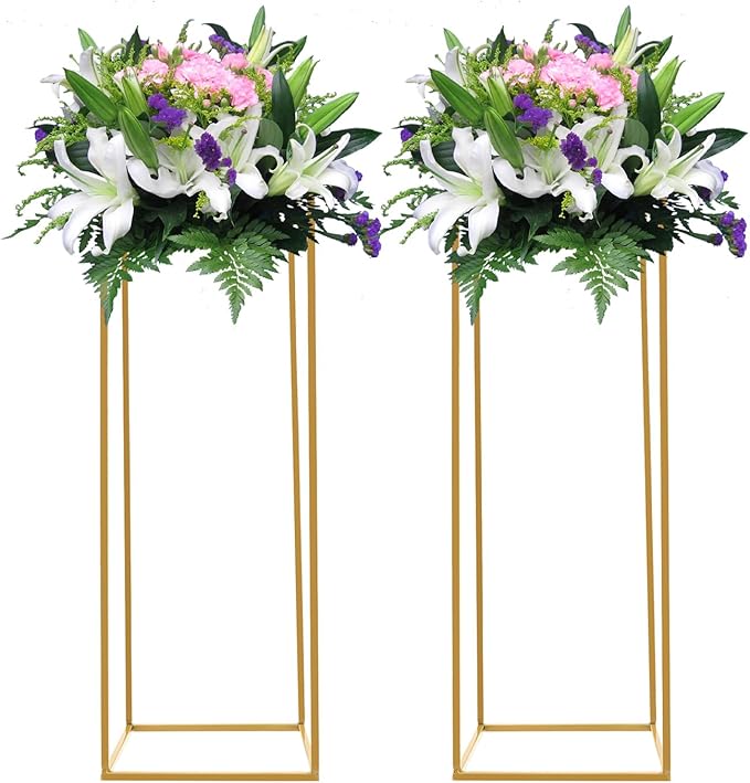2 Pcs Metal Flower Stand for Wedding Centerpieces Stand Column Vases Wedding Flower Stand Rectangular Geometric Gold Centerpieces Stands for Wedding Decorations Home Party Event (2Pcs 31.49inch)