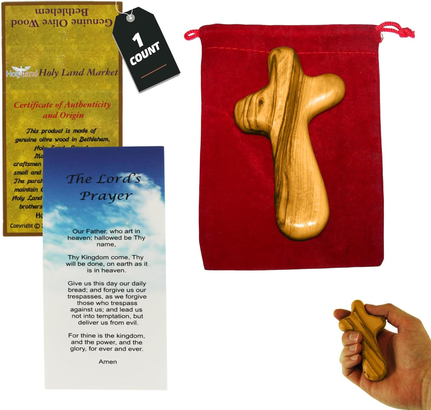 Holy Land Market Hand Held Bethlehem Olive Wood Handmade by Christians Cross With a Velvet Bag And a Prayer Card and A Certificate of Authenticity (4 Inches) (1 Count)