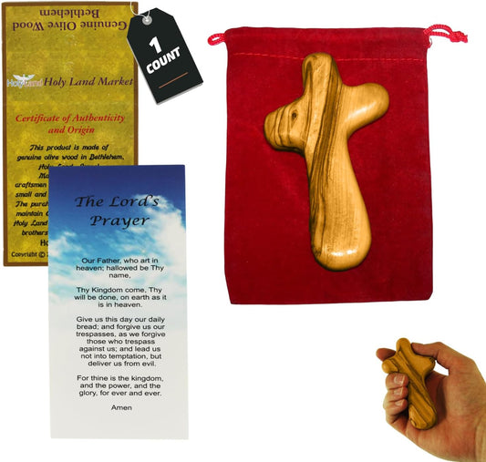 Holy Land Market Hand Held Bethlehem Olive Wood Handmade by Christians Cross With a Velvet Bag And a Prayer Card and A Certificate of Authenticity (4 Inches) (1 Count)