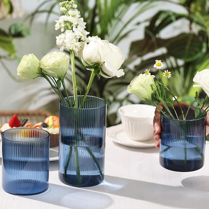 Glass Ribbed Cylinder Vase Set of 6, Bud Vase for Wedding Centerpieces, Clear Ribbed Glass Flower Vase, Hurricane Floating Candle Holder 4 Inch, Decorative Vases for Home Decor(Blue)
