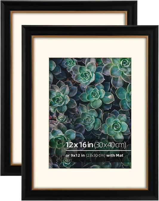 Eitida12x16 in 2 Pack Solid Wood Black and Gold 2 Tone Vintage Antique Retro Poster Picture Frame, Matted for 9x12 Photos, Drawings, Art Prints, Vertical or Horizontal Display, Gold Border