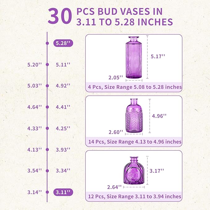 Mini Glass Bud Vases,Versatile Small Bud vases for Home and Wedding Decor, Exquisite Bridal Shower Table Centerpieces,Aromatherapy Bottles,Candle Holder, Ideal of Gifts(Pack of 30,Purple)