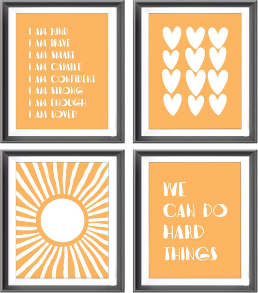 I am Kind Brave Smart Affirmations Orange Sun Sunshine Hearts Poster Prints for Girls Kids Room Playroom Decor,Girl Nursery Decorations Prints Wall Art Unframed 4pcs 8x10inches,Girls Kids Gifts