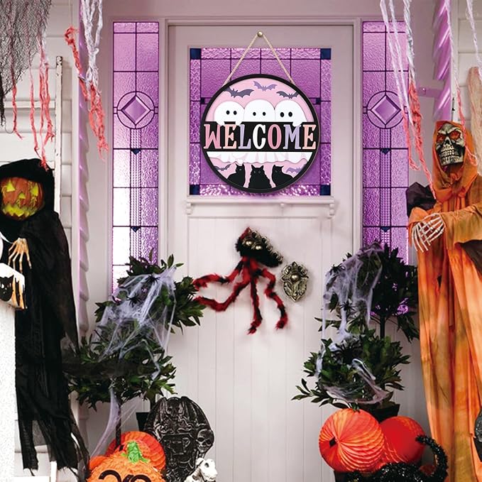 TOARTi 3D Halloween Welcome Front Door Sign Hanging(11.4x11.4''), Rustic Ghost Black Cat Bat Wall Sign Plaque, Farmhouse Halloween Wooden Wall Decor for Home Classroom Office