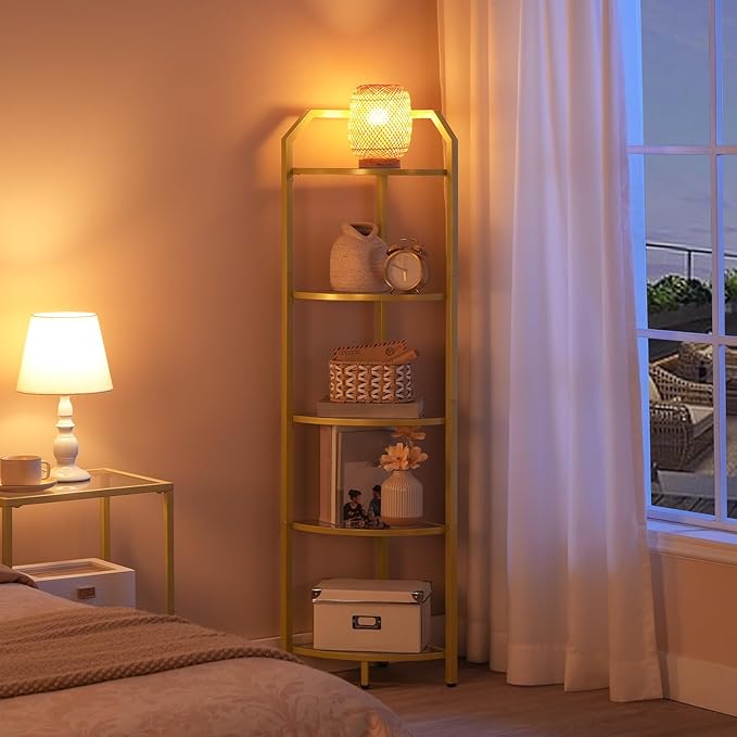 HOOBRO 5-Tier Corner Shelf Stand, Gold Corner Bookshelf, Tempered Glass Shelves, Bathroom Organizer, Corner Plant Stand, for Living Room, Study, Balcony, Home Office, Modern Style, Gold GD15CJ01