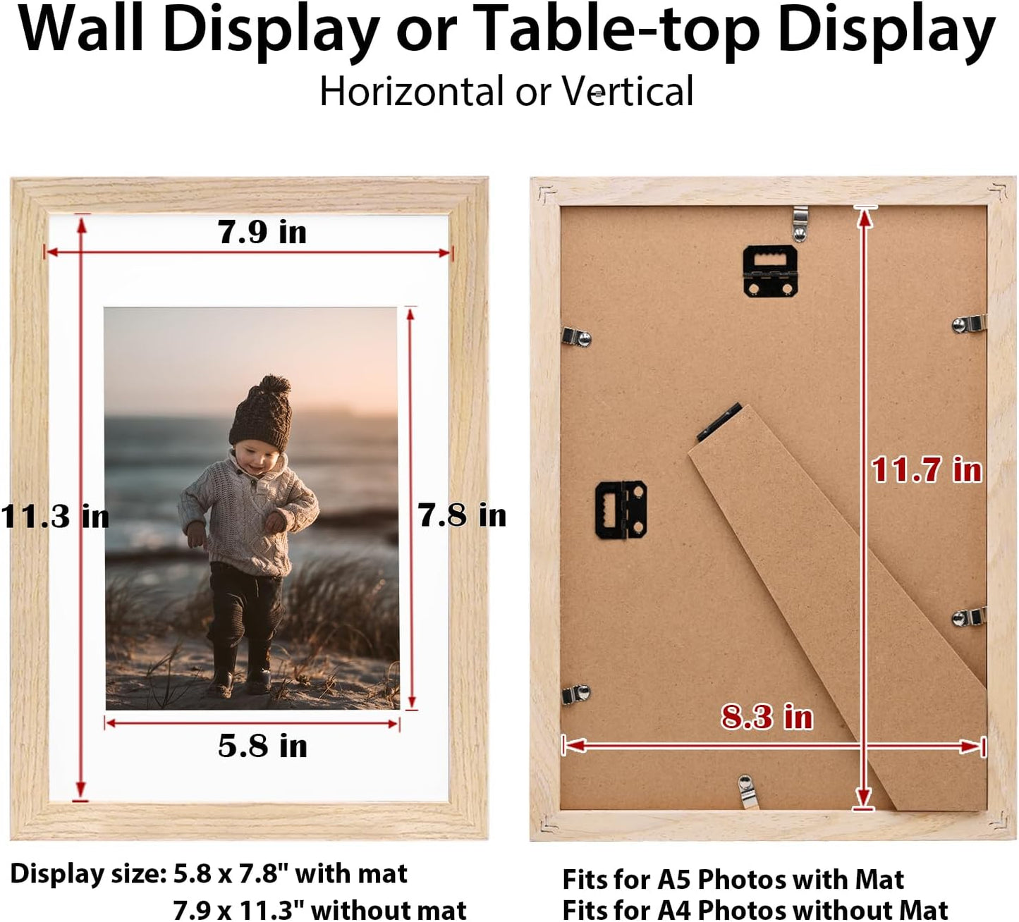 KINLINK A4 Picture Frame Natural, Solid Wood Frames with Acrylic Plexiglass for Pictures A5 with Mat or A4 without Mat, Tabletop and Wall Display Photo Frame, Set of 4