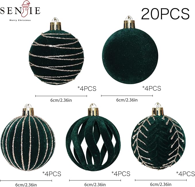 20PCS Velvet Ornaments for Christmas Tree, 2.36INCH Glitter Flocked Christmas Ornaments Decorations Balls Set Decor
